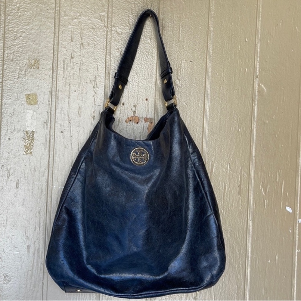 Tory Burch Dena Elegant Black Leather glazed Tote Bag